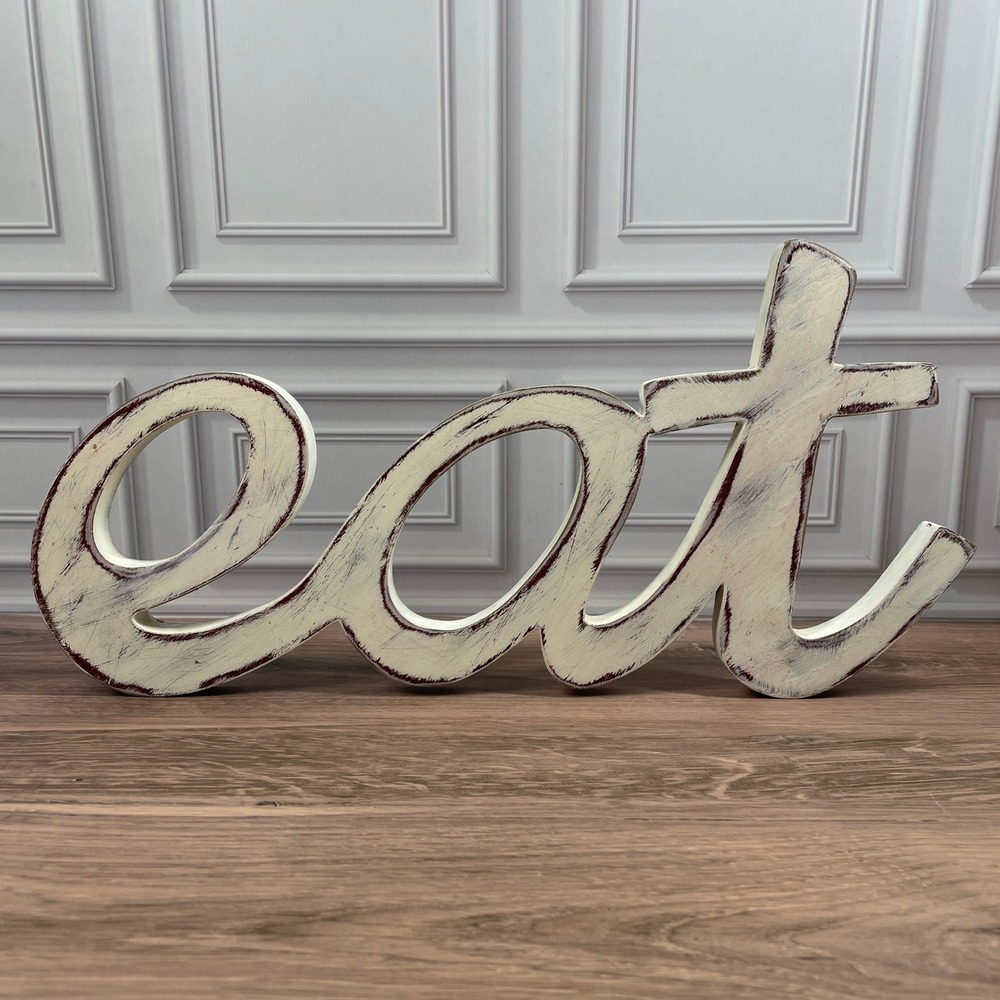 Home Interiors Eat Wall Sign Kitchen Decor Cream Burgundy Distressed Farmhouse
